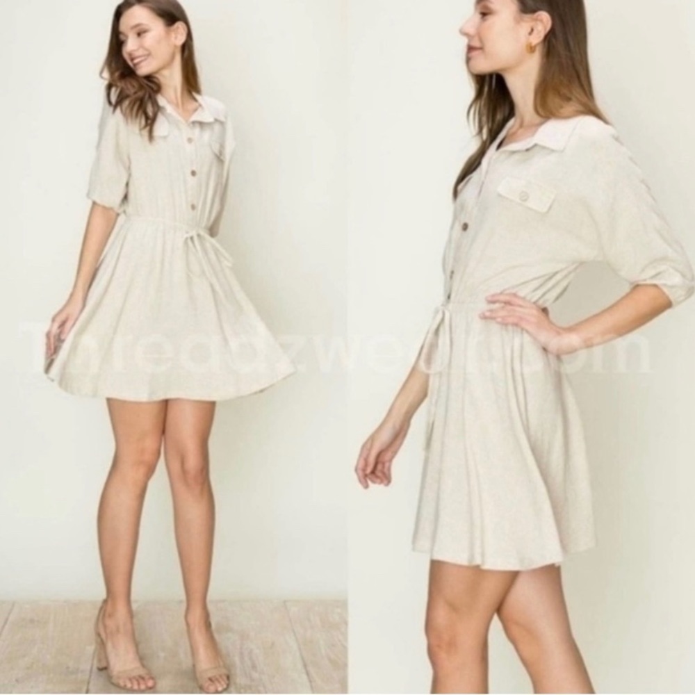 Button Down Linen Mini Shirt Dress with Tie Waist